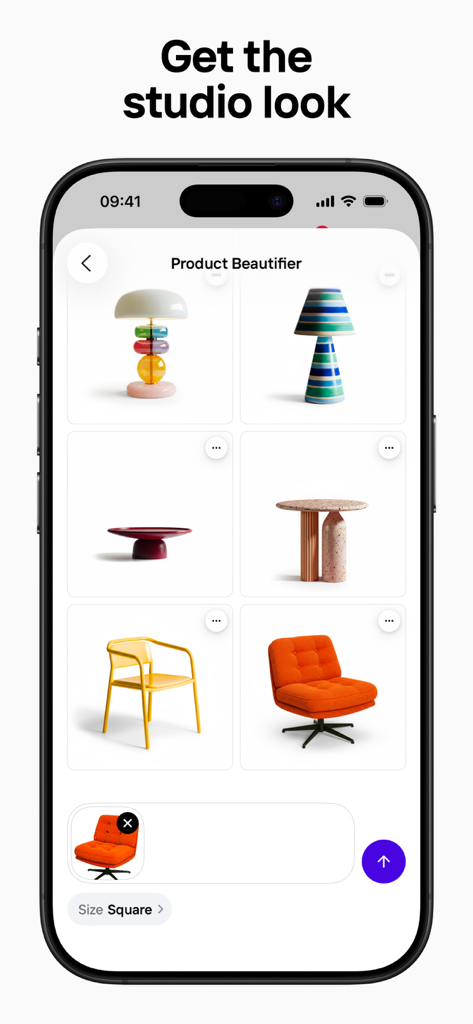 ホームデコレーションアイテムのプロフェッショナルな製品写真でProduct Beautifier機能を示すモバイルアプリインターフェース