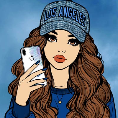 realistic beautiful girl wearing los ángeles cap holding an iphone