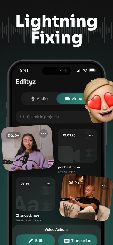 Painel do aplicativo móvel do Descript AI mostrando projetos de vídeo e opções para editar ou transcrever conteúdo.