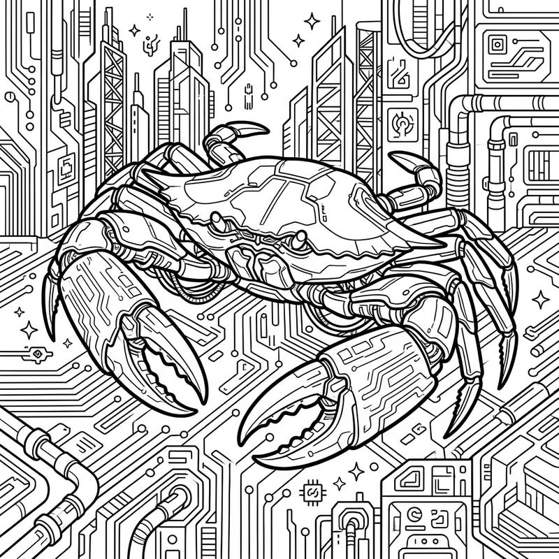 Unleash your creativity with this unique Cyberpunk Blue Crab coloring page. Explore a world where nature meets technology, brought to life through intricate designs and futuristic details.