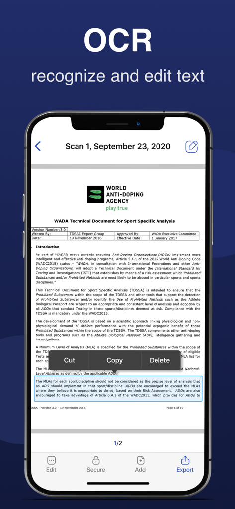 Ein Screenshot einer mobilen App, der die OCR-Texterkennung und -bearbeitung eines gescannten Dokuments zeigt.