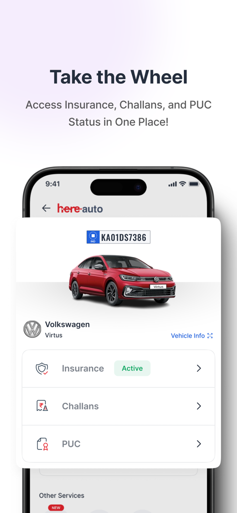 Here by HDFC ERGO - Vehicle management interface in the Here by HDFC ERGO app showing insurance status and fines for a car