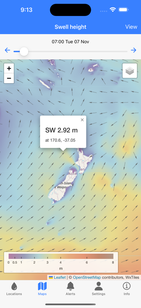 SwellMap Surf - SwellMap Surf app showing a New Zealand swell height forecast map with directional arrows and wave measurements
