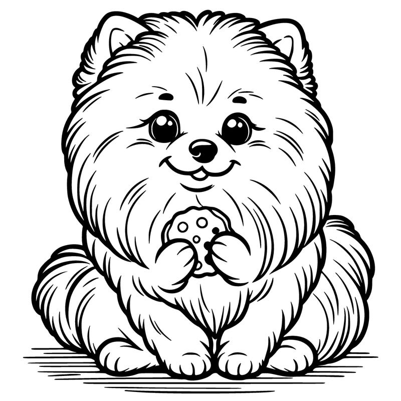 pomeranian sitting and holding a cookie