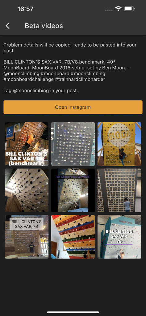 Moon Board - Moon Board app screen showing beta videos for a climbing problem with social media sharing options