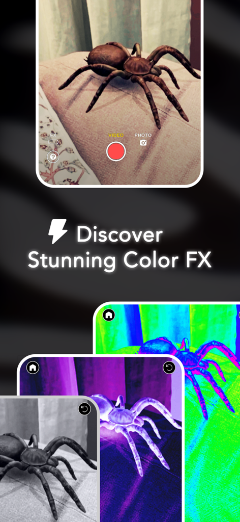 Interface do aplicativo de aranha de RA mostrando filtros de cores impressionantes e efeitos de câmera.
