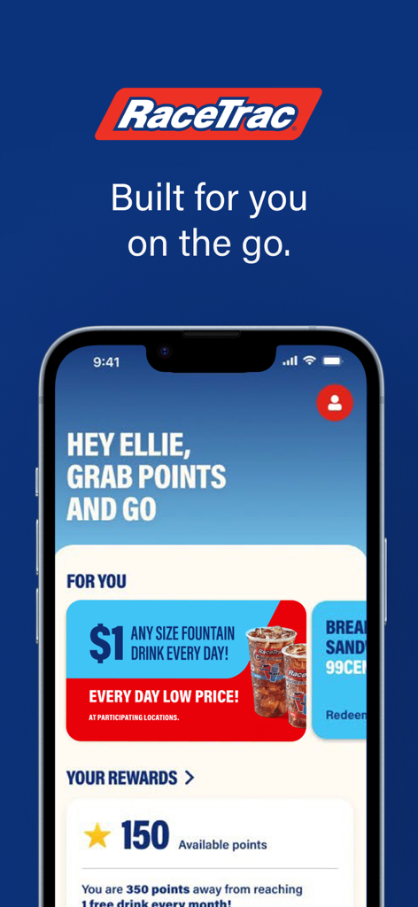 RaceTrac - RaceTrac mobile app home screen showing reward points and special fountain drink offers