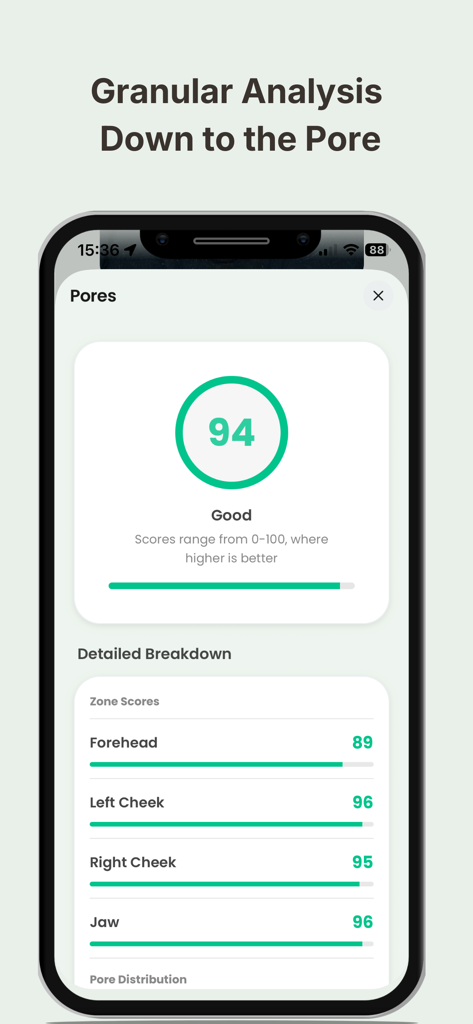 Glow AI app interface showing a detailed pore health report and facial zone scores