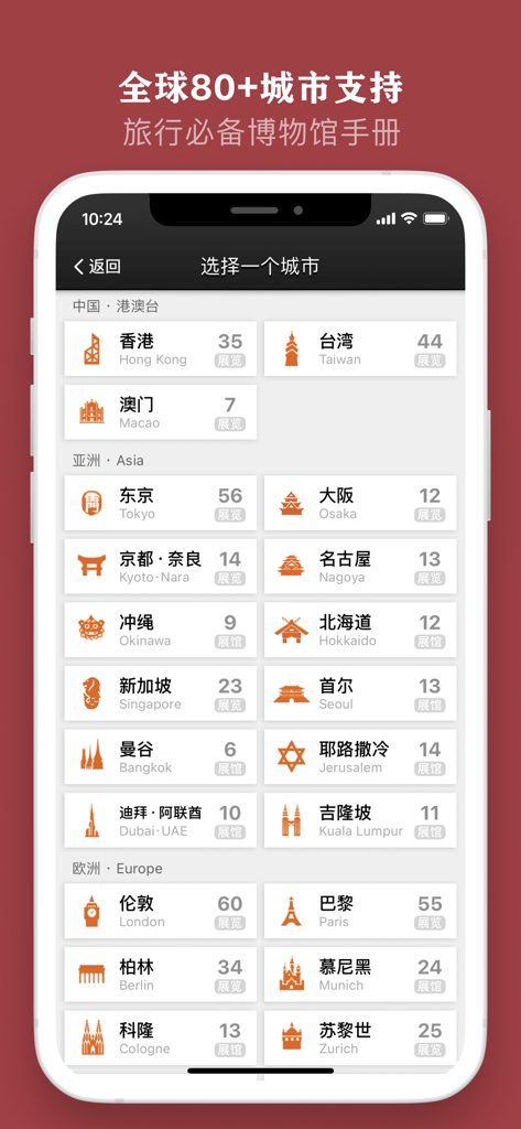 Eine Liste globaler Städte in der iMuseum-App, die die Anzahl der verfügbaren Museumsausstellungen an jedem Ort anzeigt.