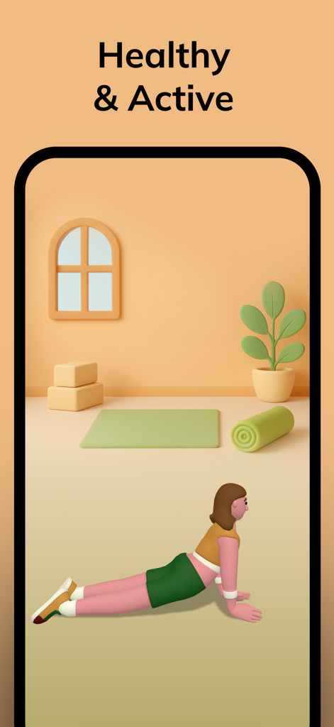 Kids Yoga, Workout & Exercise - A 3D animated character performing a yoga stretch on a mat in a bright room.