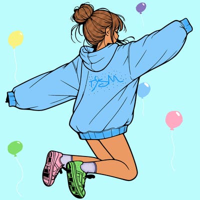 realistic girl jumping with a bun and oversized sweatshirt