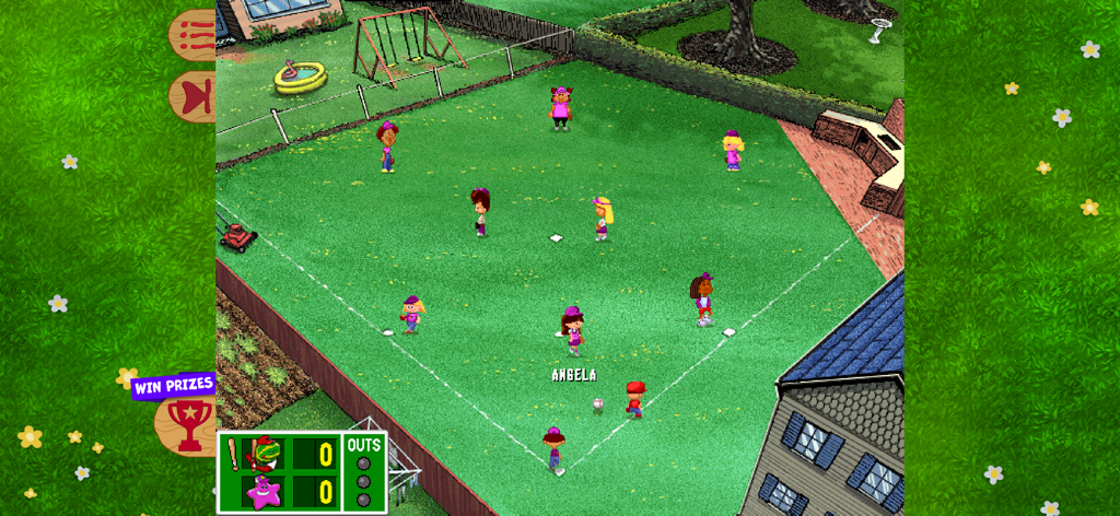 Backyard Baseball '97 - Backyard Baseball 97 gameplay showing characters playing on a suburban backyard field