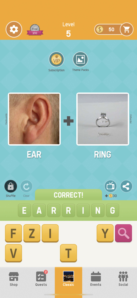 Pictowordの rebus パズルで、耳の写真と指輪の写真を組み合わせて「イヤリング」という単語を形成します。