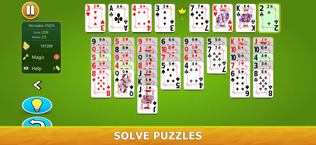 FreeCell Solitaire Mobile - Pantalla de jugabilidad de FreeCell Solitario Móvil en modo horizontal mostrando una mesa de cartas verde y estadísticas de reparto ganable