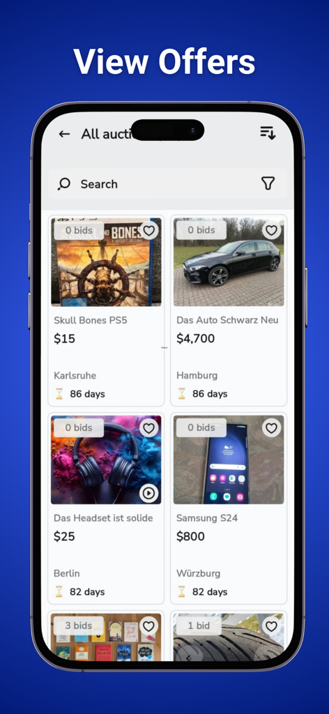 입찰 정보 및 상품 카테고리를 보여주는 경매 목록이 표시된 Listiy 모바일 앱 인터페이스
