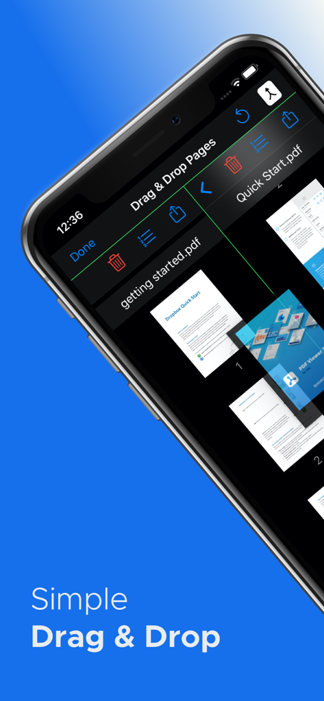 PDF Merge + Scan & Split Pages - Mobile app interface showing a simple drag and drop feature to reorganize and merge PDF pages