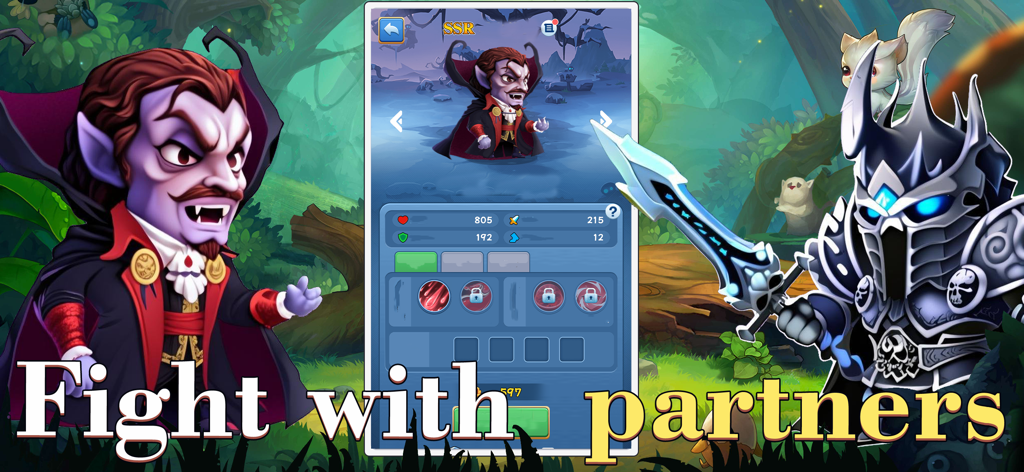 Tempest bastion - Two fantasy RPG characters flanking a character stats screen with the text Fight with partners.