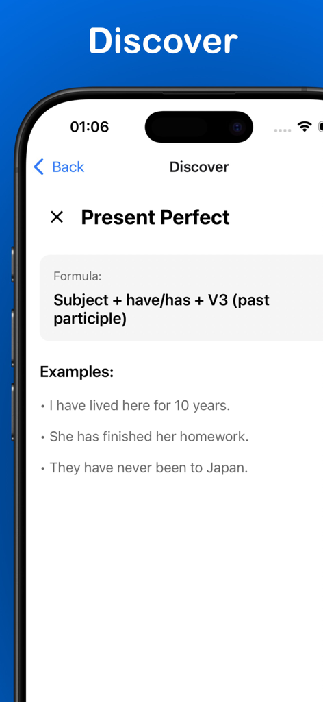 Tense Converter: Smart Grammar - Fórmula gramatical do tempo Present Perfect e frases de exemplo exibidas no aplicativo Tense Converter