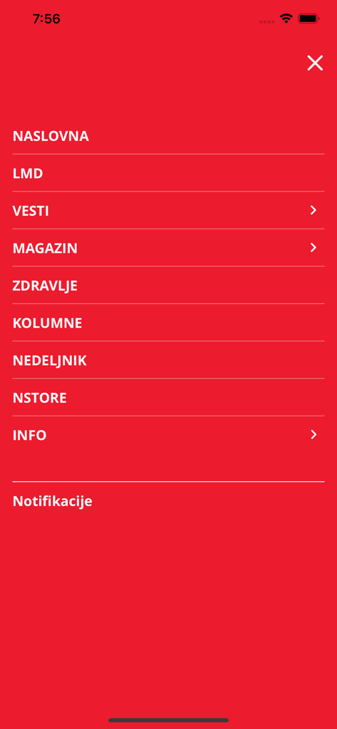 Nedeljnik - Le menu de navigation de l'application mobile Nedeljnik montrant des catégories d'actualités comme Vesti Magazin et Kolumne sur fond rouge.