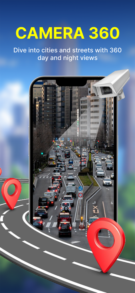 3D Earth Map - Interfaz de la aplicación Mapa Terrestre 3D que muestra una vista de calle de ciudad de 360 grados con tráfico y edificios altos en un iPhone