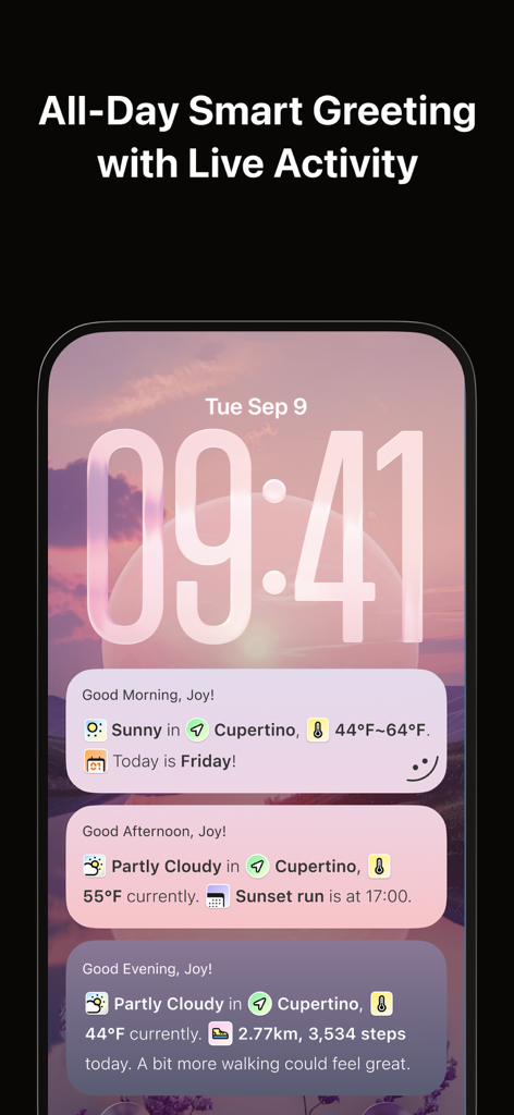 Widgets de saludo personalizados de iPhone que muestran actualizaciones diarias de clima y pasos.