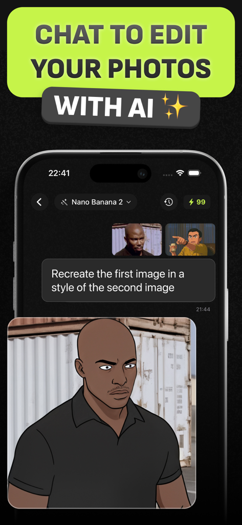 AI Video Generator: Videz - Videz app interface showing an AI chat feature transforming a portrait into an anime style image