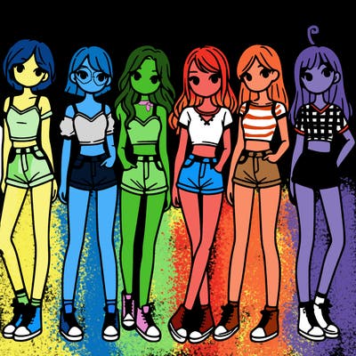 a group of girls wearing crop tops and shorts