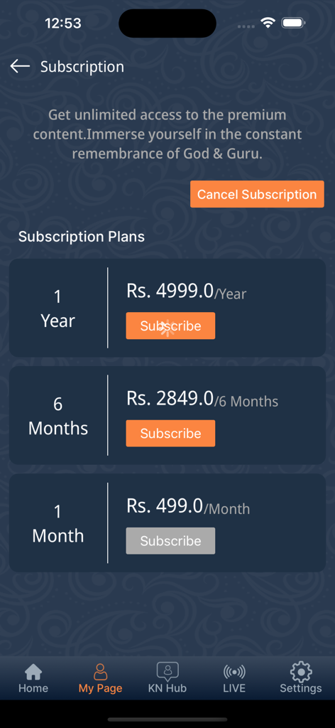 Kripalu Nidhi - Kripalu Nidhi App Abonnementseite zeigt jährliche, monatliche und halbjährliche Preispläne für spirituelle Inhalte