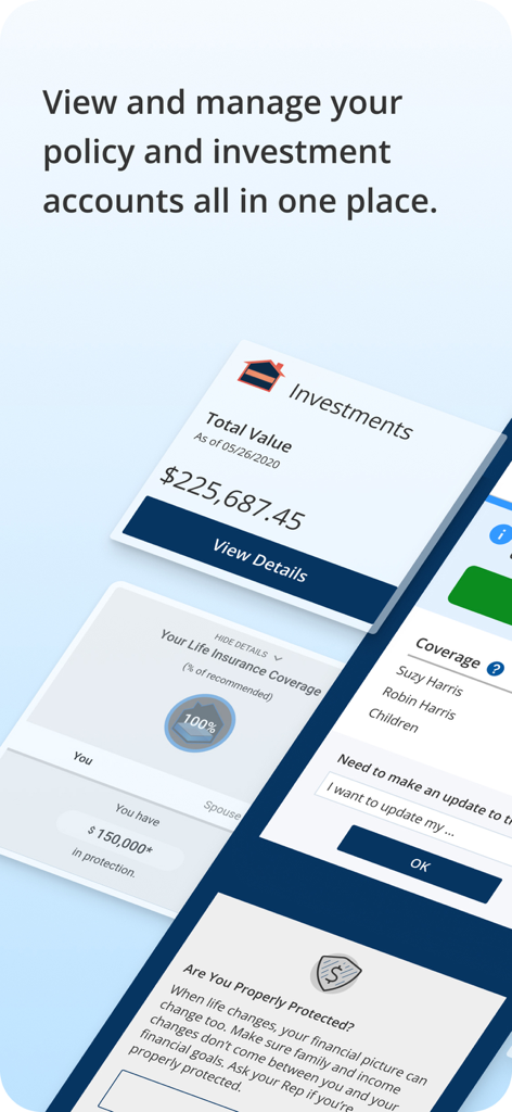 Mobile app interface showing life insurance coverage and investment account totals