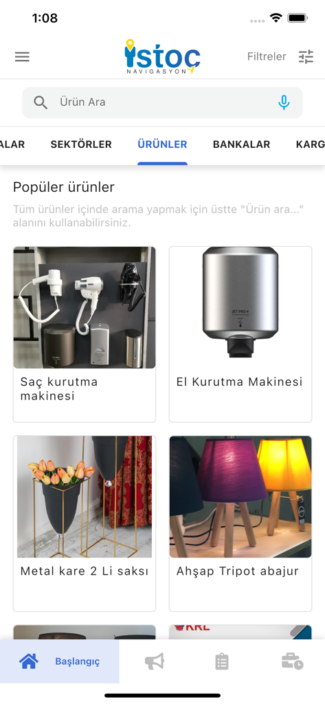 Search results for popular products in the ISTOC Navi app featuring hair dryers and home decor items