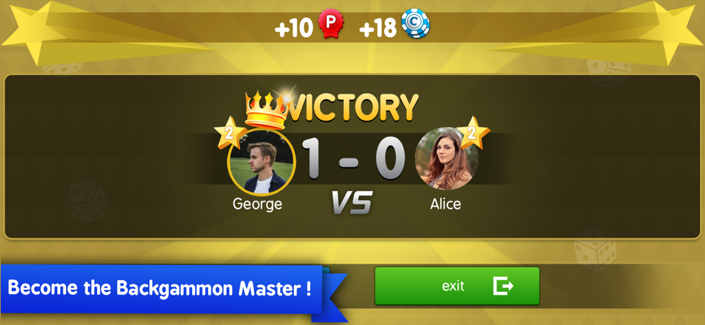 Victory screen in Backgammon Arena showing a 1 to 0 match result between two real players