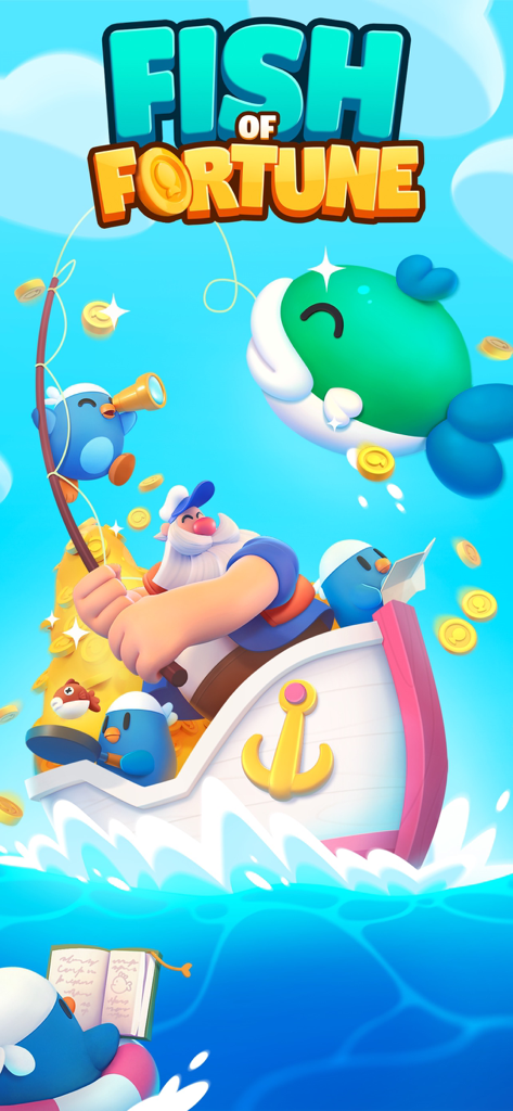 Fish of Fortune game title screen featuring a captain on a boat surrounded by coins and sea creatures