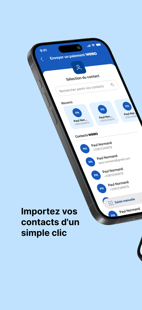 Crédit Mutuel Pay virements - Schermata dell'app mobile per selezionare contatti per inviare un pagamento Wero