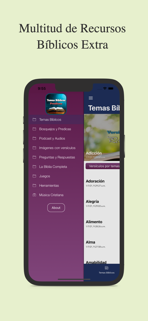 Temas Bíblicos y Predicas - スペイン語の様々な聖書リソースを含むサイドバーメニューを表示する「Temas Biblicos y Predicas」アプリのモバイル画面