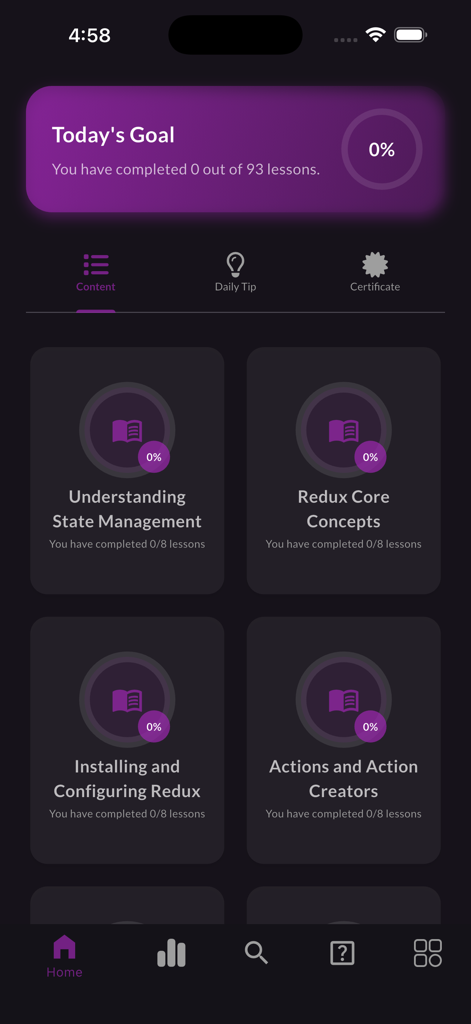 Learn Redux - The home screen of the Learn Redux app showing course modules for state management and core concepts with a progress tracker.
