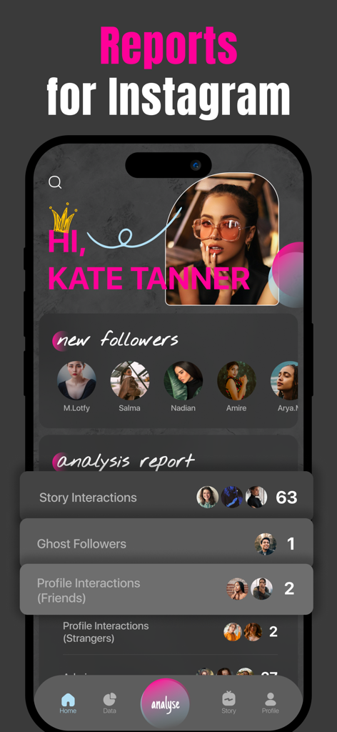 Dashboard of Analyzer Plus app showing Instagram follower analysis and report metrics