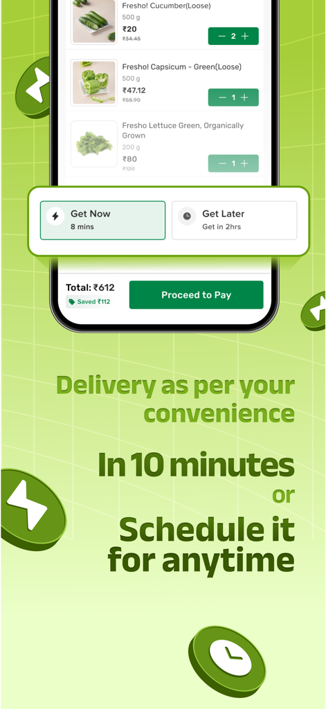 Bigbasket app screen showing 10 minute delivery and scheduled delivery options for grocery shopping