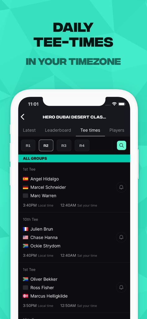 Mobile app interface showing daily golf tee times and player groups in different timezones