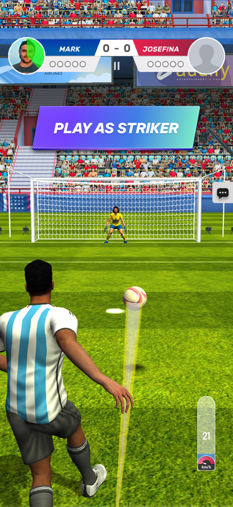 Football World : Online Soccer - Gameplay-Bildschirm von Football World Online Soccer, der einen Stürmer zeigt, der sich auf einen Elfmeterschuss vorbereitet
