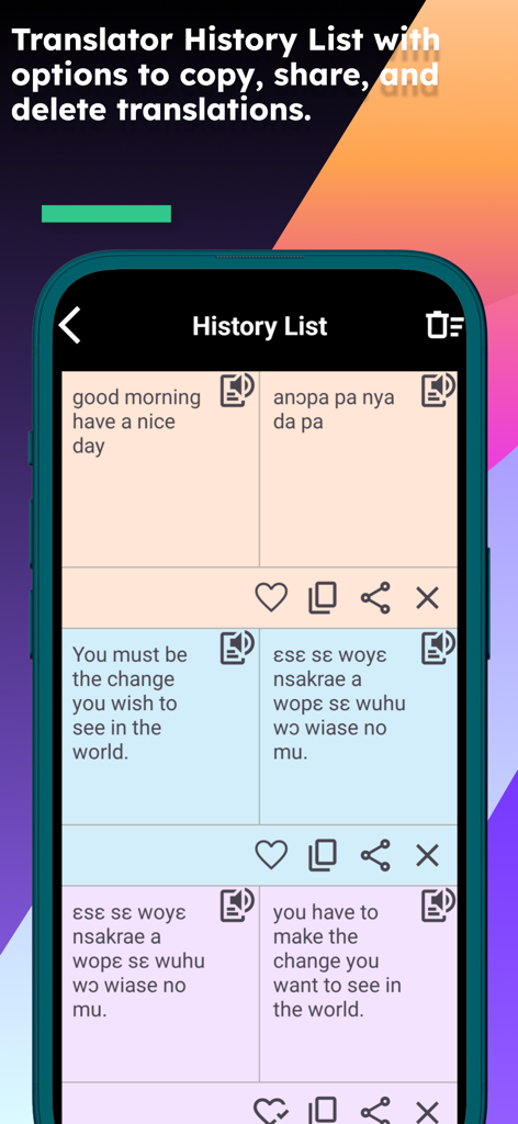 English Twi Translator - Historienbildschirm der Englisch Twi Übersetzer App mit übersetzten Sätzen zwischen Englisch und Twi.