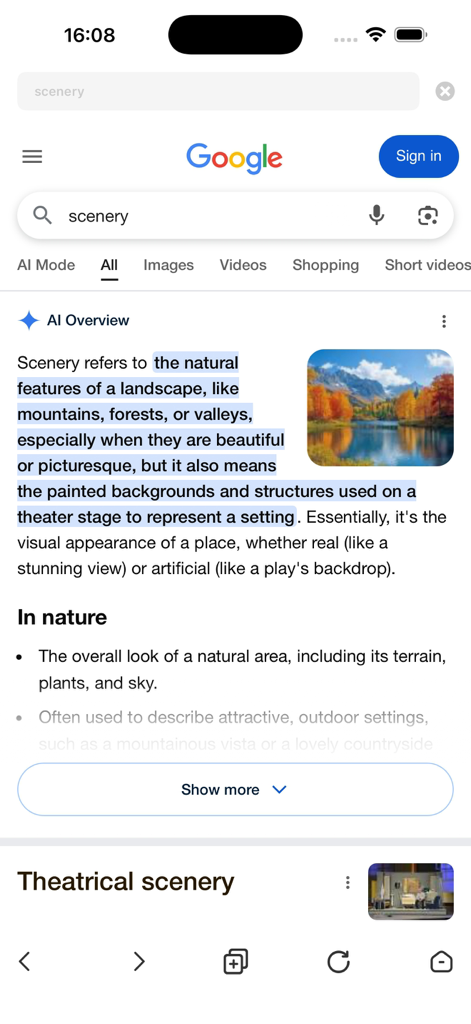 Mobile screenshot of a Google search for scenery featuring an AI Overview explanation and images.