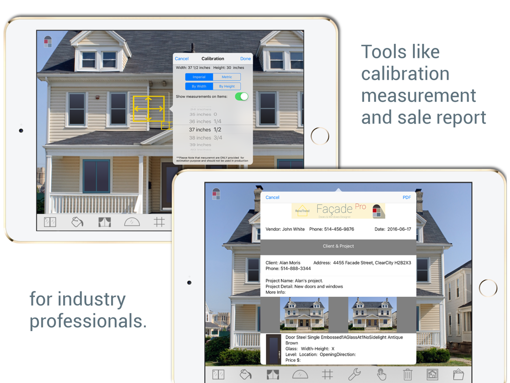 Façade Studio - Facade Studio app interface on iPad showing professional calibration tools and sales report features for contractors