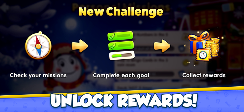 GamePoint Bingo Games of Bingo - A step by step guide showing how to check missions, complete goals, and unlock rewards in GamePoint Bingo