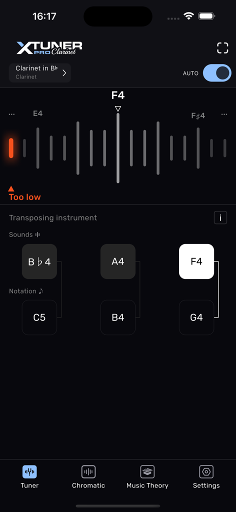 Clarinet Tuner – XTuner PRO - XTuner PRO app interface showing a clarinet tuner with pitch detection for note F4