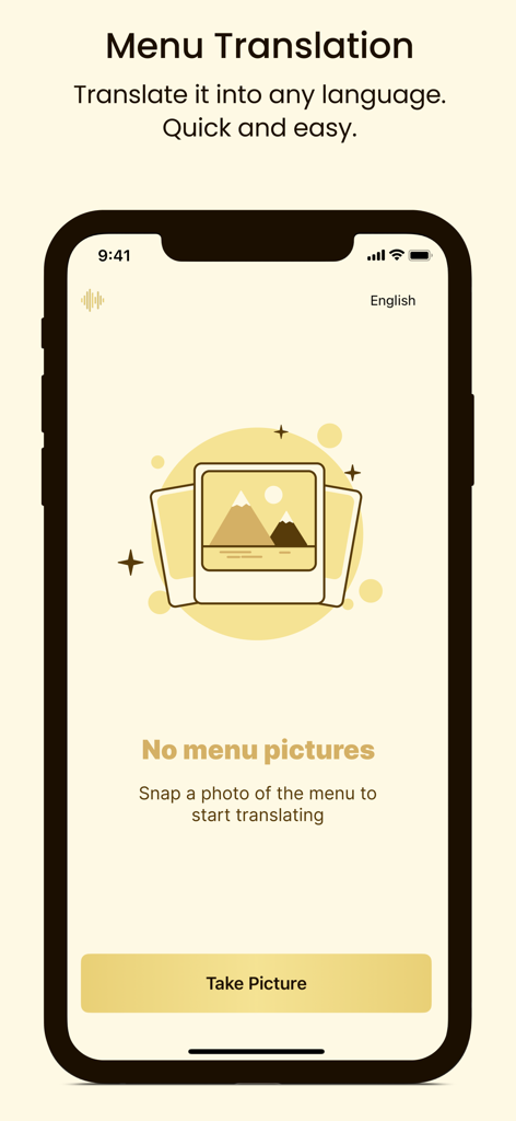 メニュー翻訳アプリのインターフェースで、メニューの写真を撮って瞬時に翻訳するオプションが表示されています