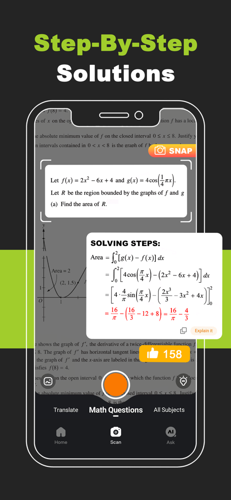 Quiz AI: Homework Helper - Quiz AI app interface showing step by step solutions for a calculus problem using the camera scan feature.