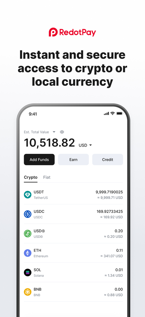 RedotPay: Crypto Card & Pay - RedotPay App-Oberfläche mit einer Krypto-Geldbörse mit Gesamtguthaben und verschiedenen digitalen Vermögenswerten wie USDT und Ethereum.