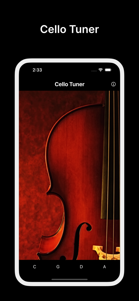 Cello Tuner - Cello Tuner mobile app interface showing a cello image and four buttons for reference notes C G D and A