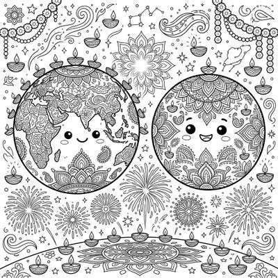 Embark on an intergalactic coloring journey with this unique Diwali scene featuring Earth and another celestial planet adorned with intricate festive details. This delightful page combines the wonders of space with the joyous traditions of the Festival of Lights, perfect for creative minds.