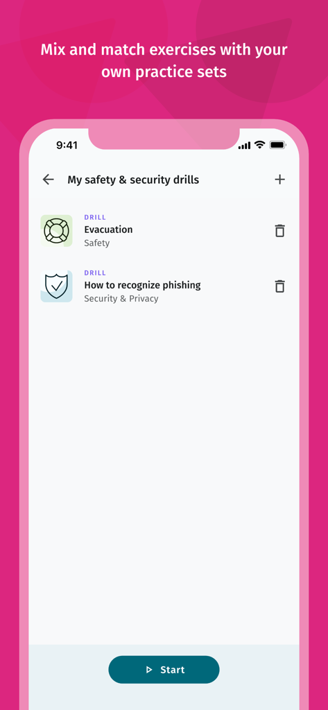 Drillster - Drillster App-Oberfläche mit einem benutzerdefinierten Übungssatz für Sicherheits- und Schutzübungen, einschließlich Evakuierungs- und Phishing-Modulen.